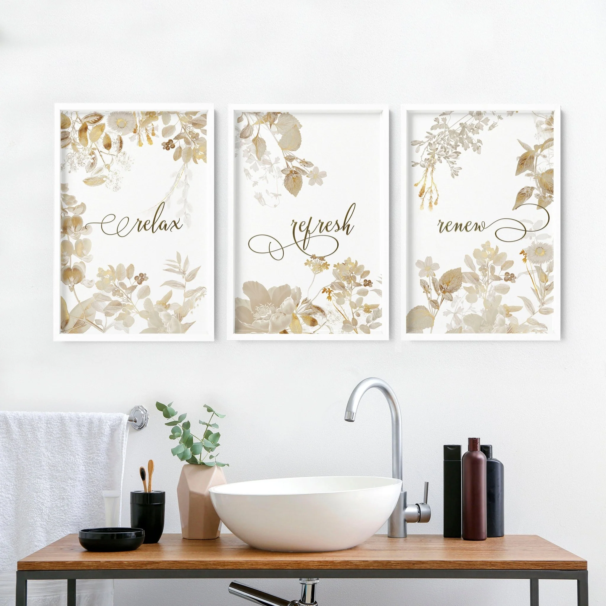 Bathroom pictures framed | Set of 3 Botanical Gold wall art prints - Image 5