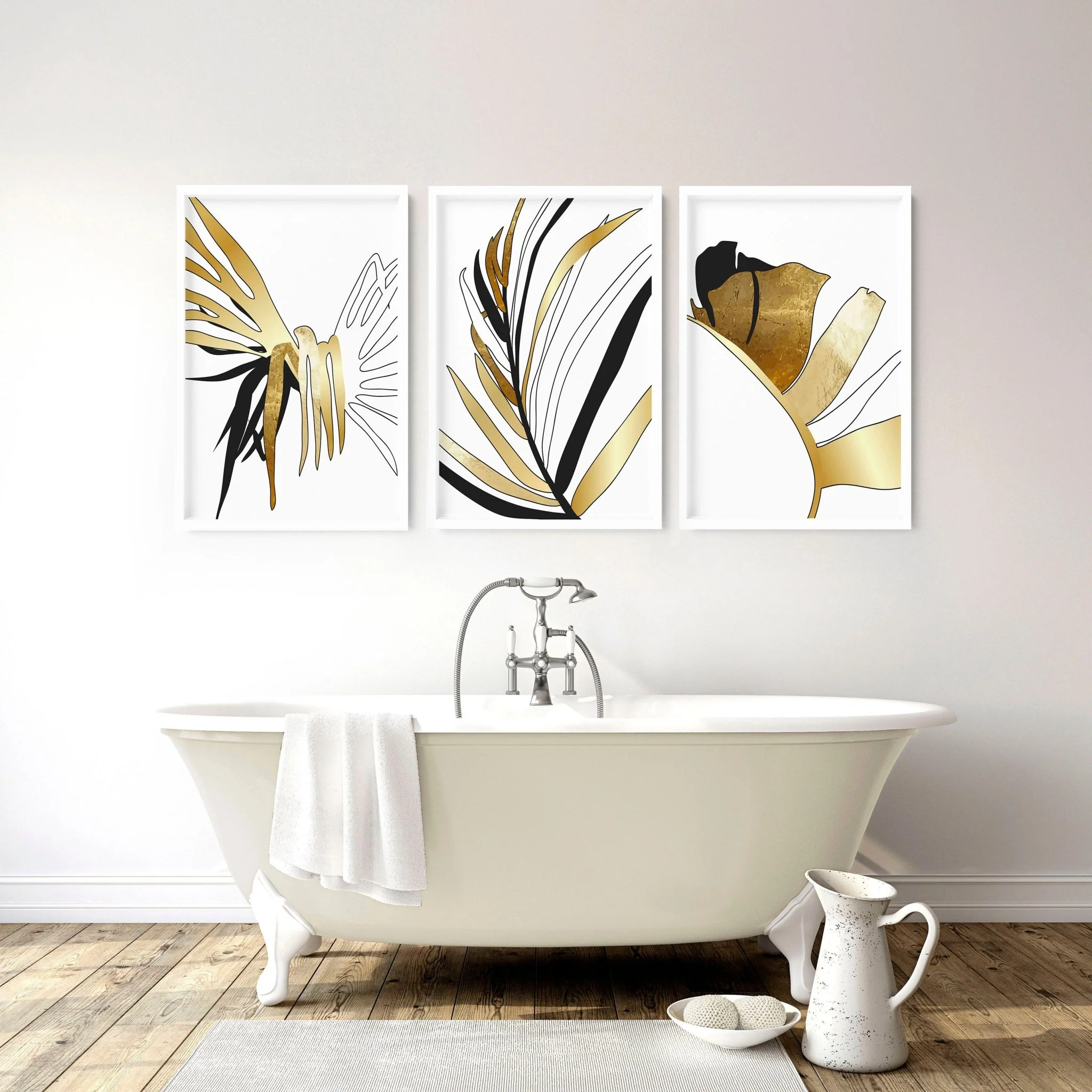 Bathroom wall art uk | set of 3 Tropical Gold wall art - Image 2