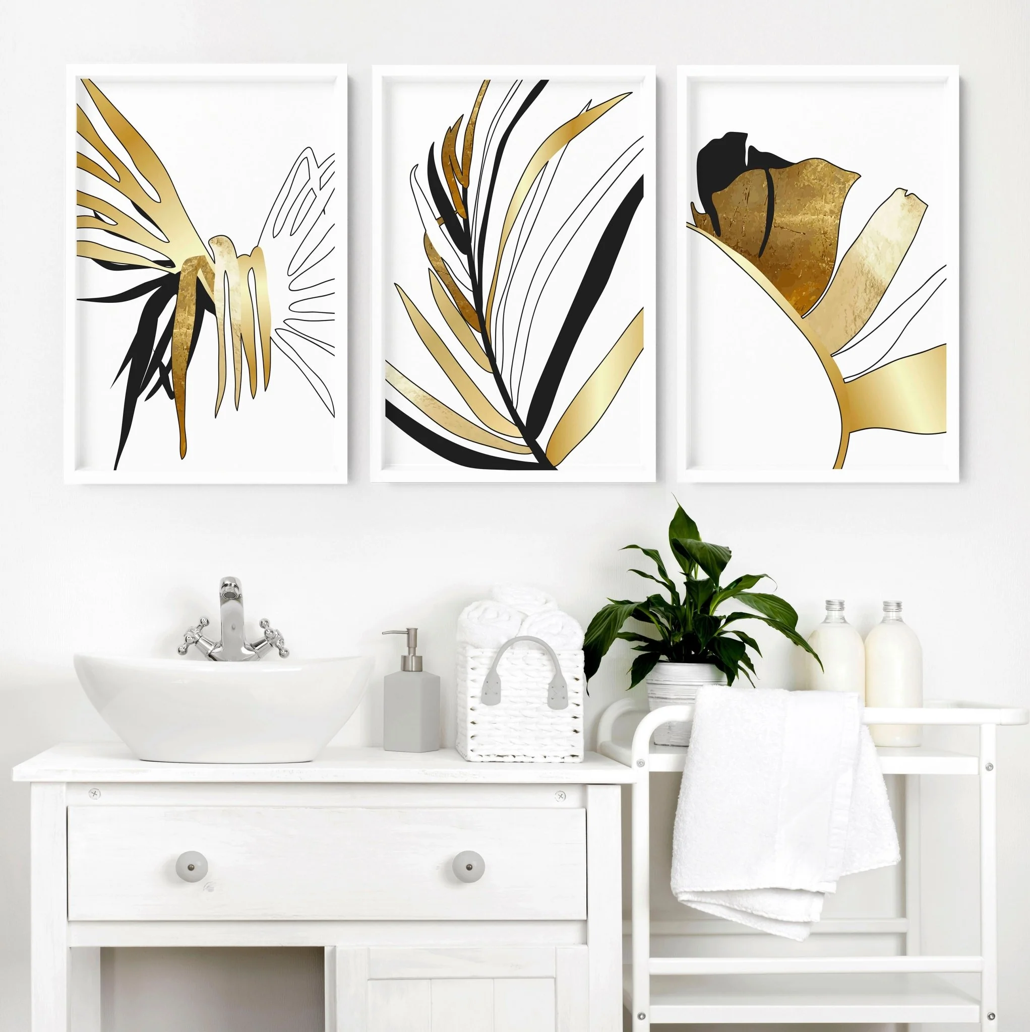 Bathroom wall art uk | set of 3 Tropical Gold wall art - Image 3