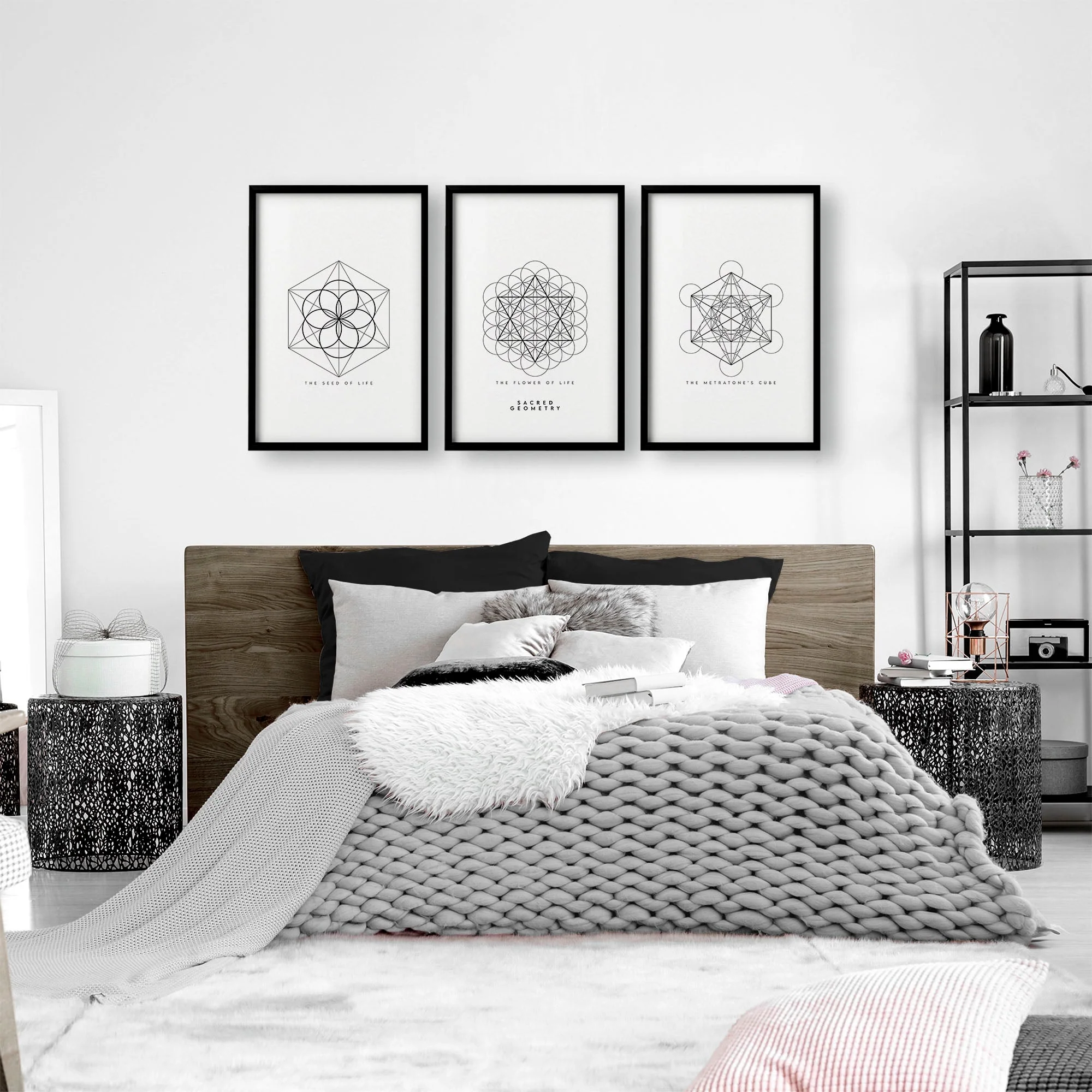 Bedrooms Black And White | Set of 3 Sacred Geometry Wall art Prints - Image 2
