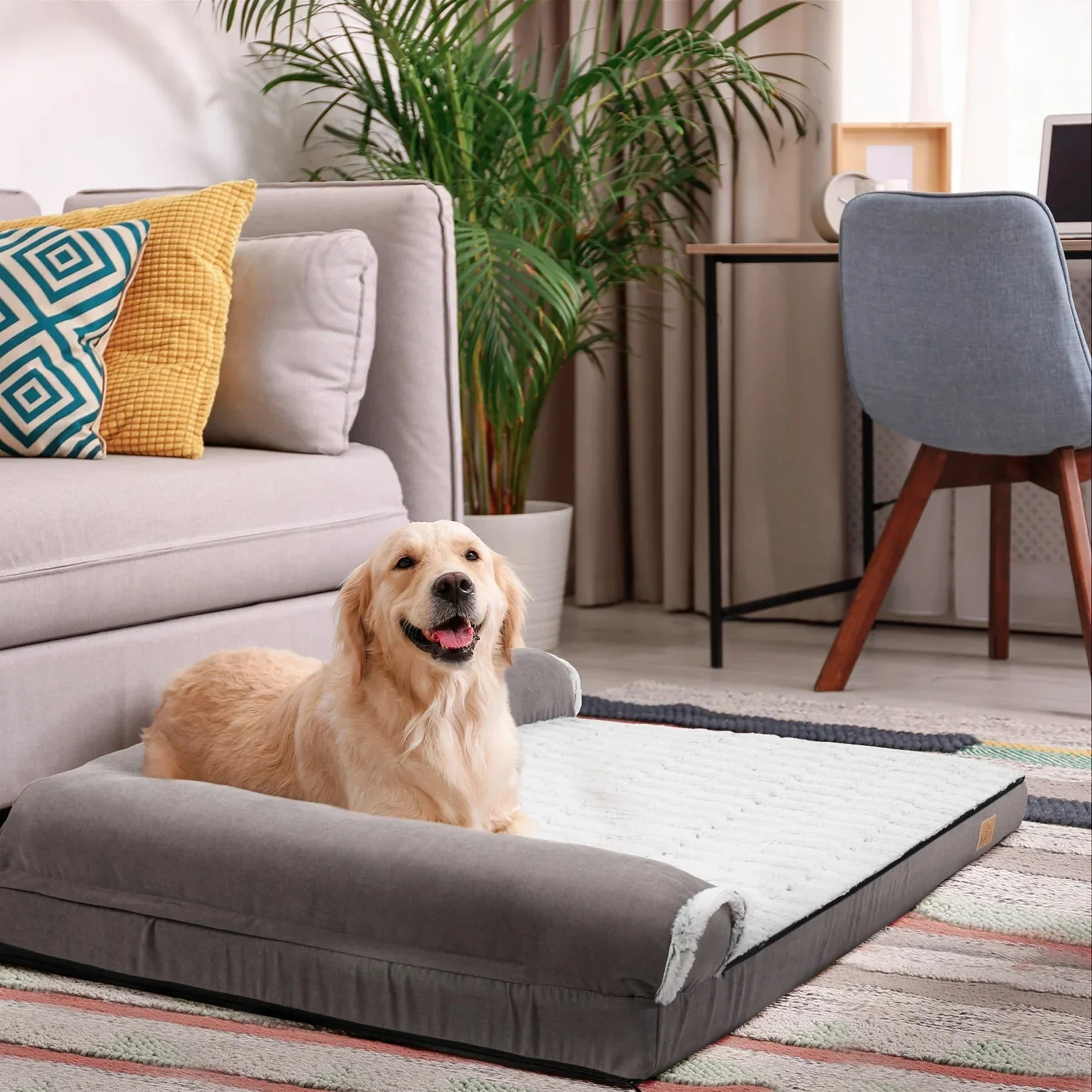 BigngoPaw Heavy Duty Dog Bed for Large Medium Super Soft L-shape Pet Calming Bed Chaise Sofa Kennel Mat w/ Removable Plush Cover - Image 2
