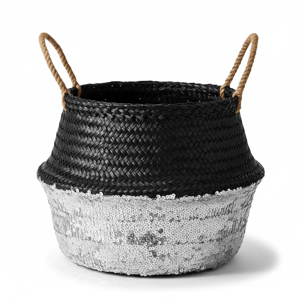 Black And Silver Medium Seagrass Basket