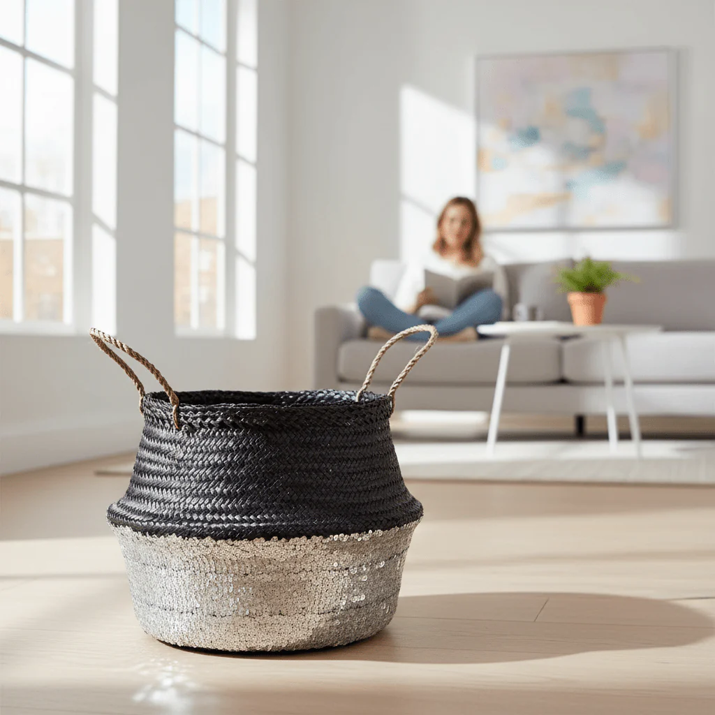 Black And Silver Small Seagrass Basket - Image 2
