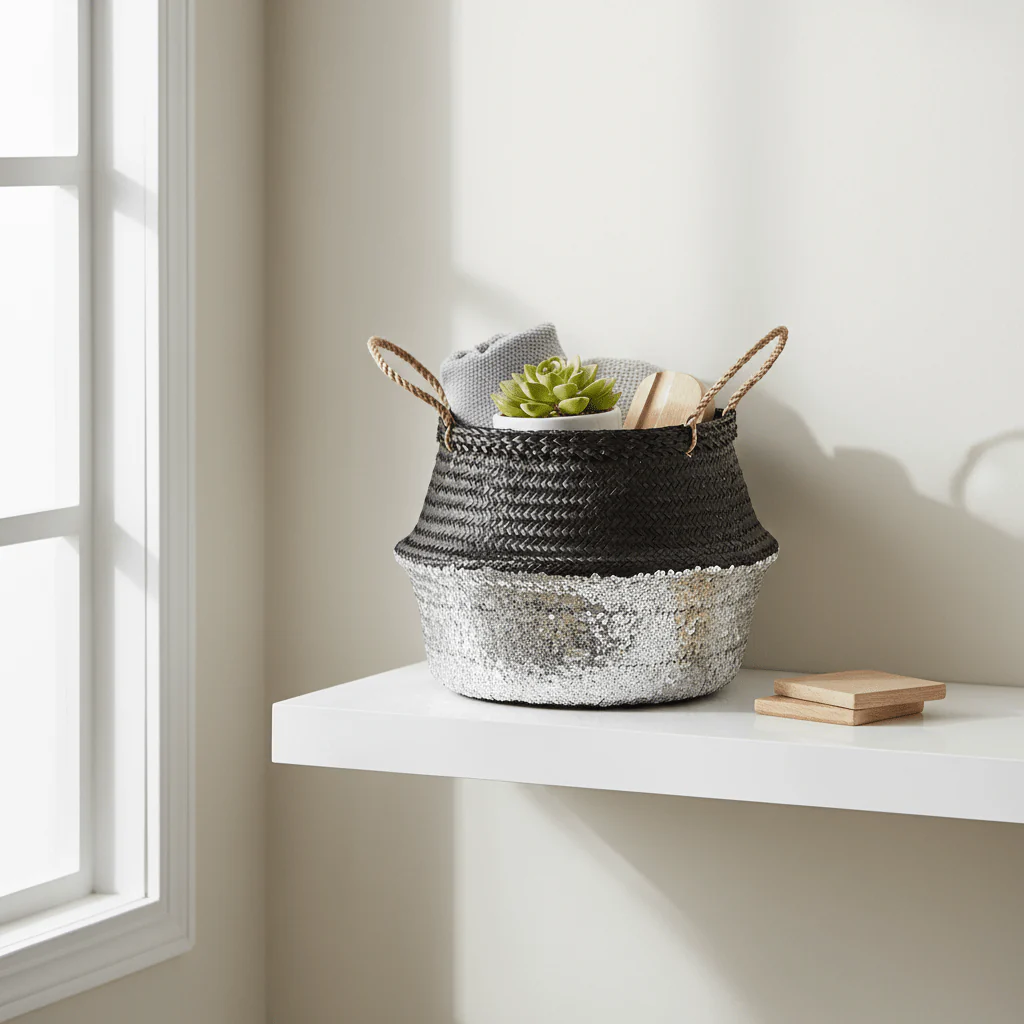 Black And Silver Small Seagrass Basket - Image 4