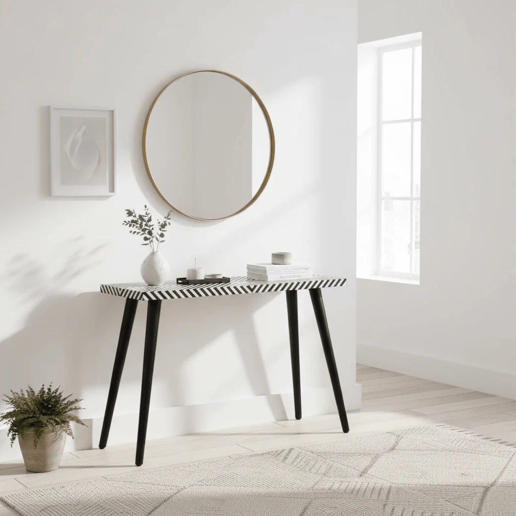 Boho Black and White Wooden Console Table - Image 3