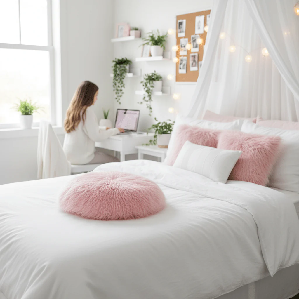 Bosie Mongolian Fur Pink Round Cushion - Image 2
