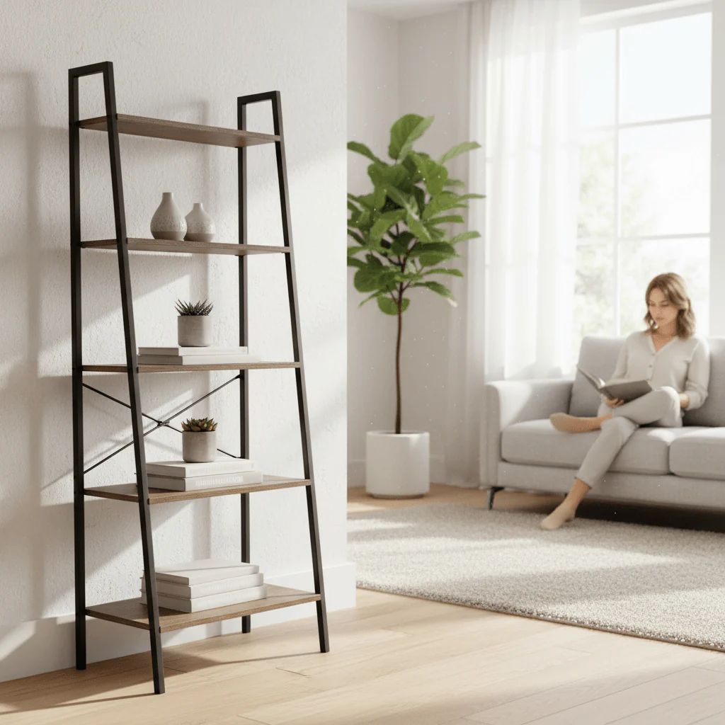 Bradbury Five Tier Dark Oak Veneer Ladder Shelf Unit - Image 2