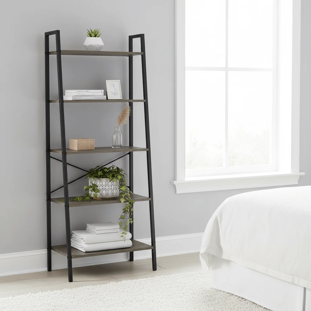 Bradbury Five Tier Dark Oak Veneer Ladder Shelf Unit - Image 4