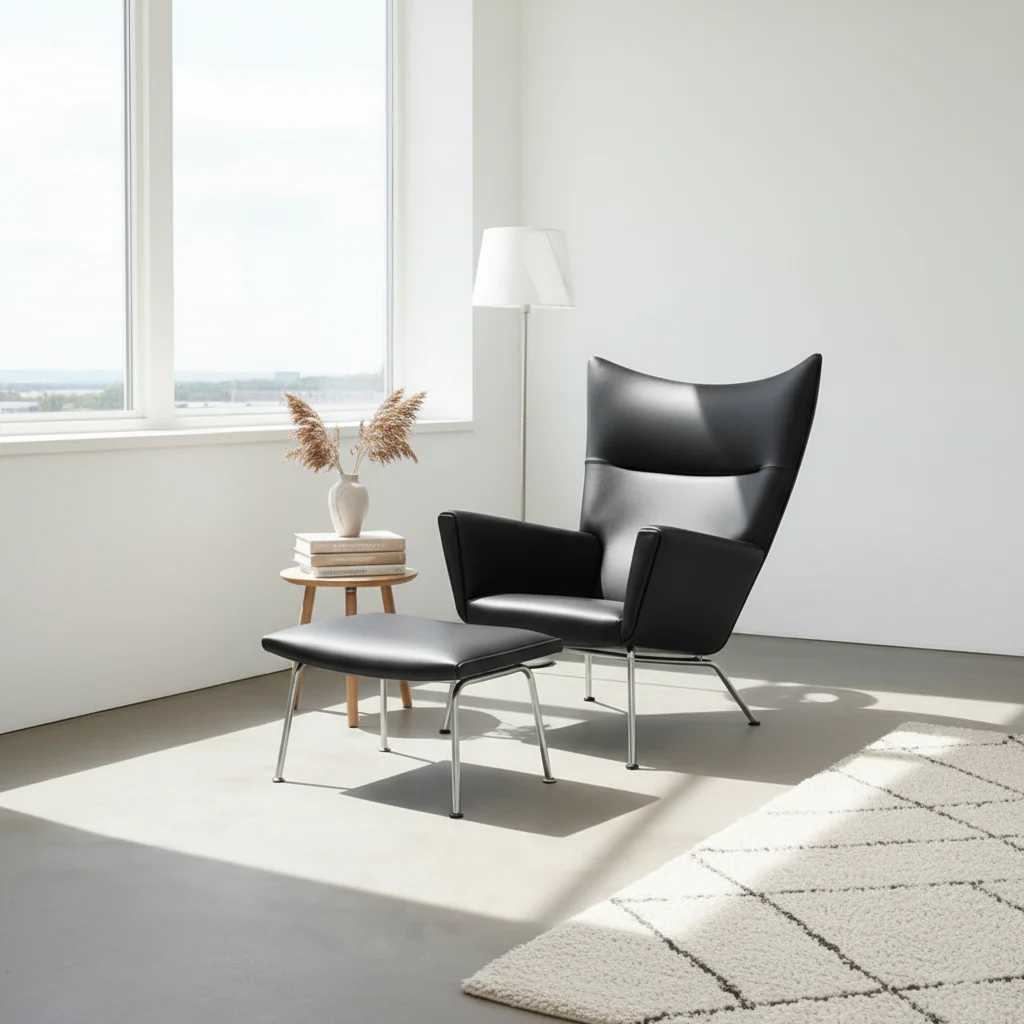 Carnaby High Back Armchair with Ottoman, Black - Image 4