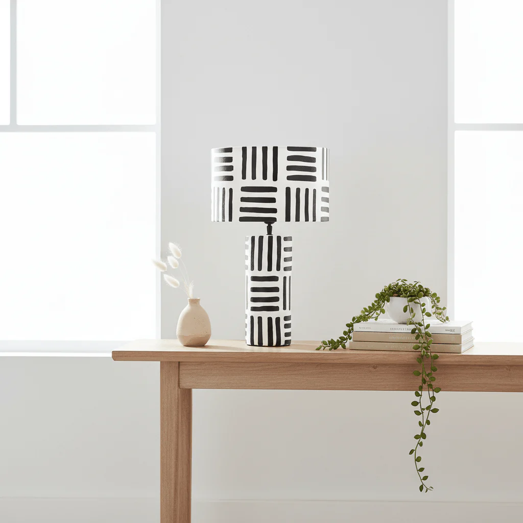Carta 50cm Black And White Papier Mache Table Lamp with Geometric Lines - Image 3