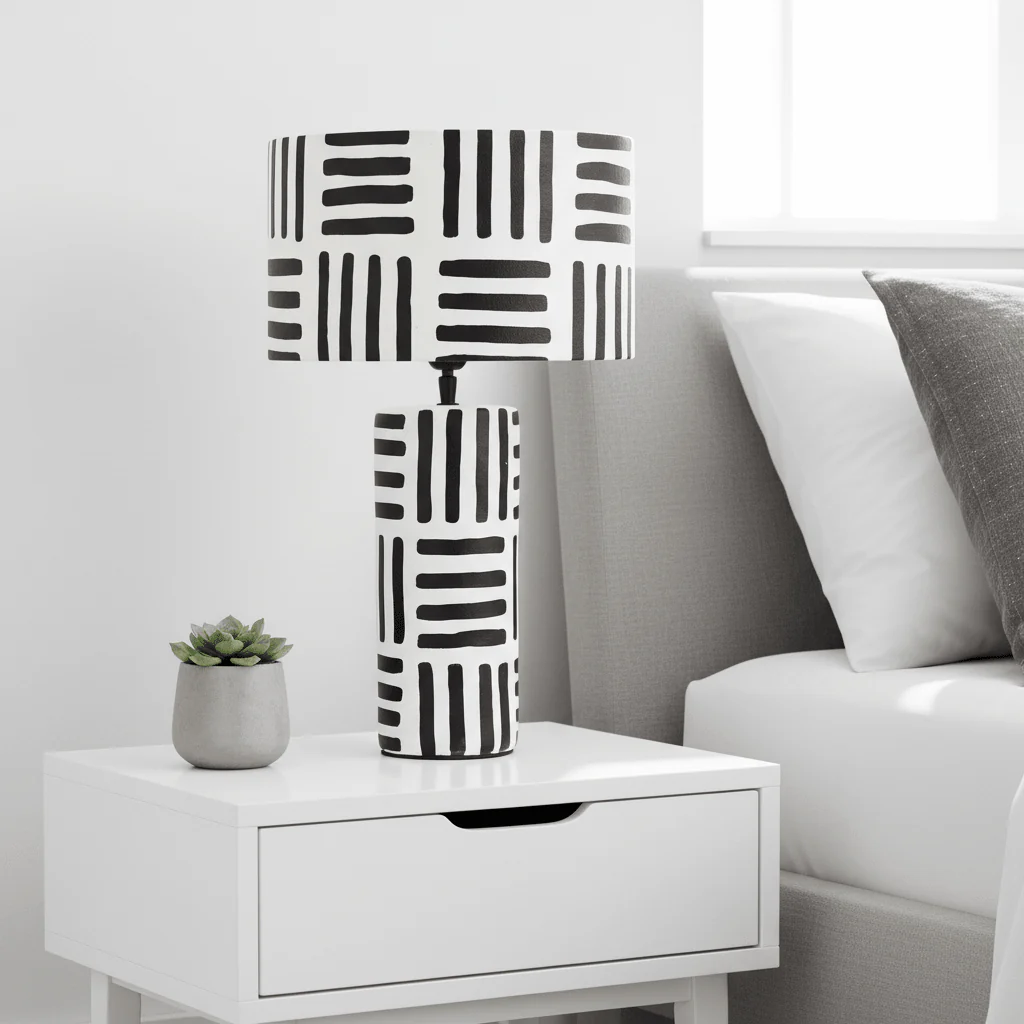Carta 50cm Black And White Papier Mache Table Lamp with Geometric Lines - Image 4