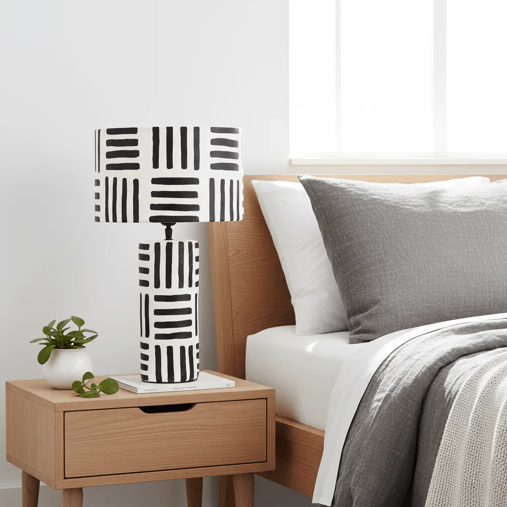 Carta 50cm Black And White Papier Mache Table Lamp with Geometric Lines - Image 5