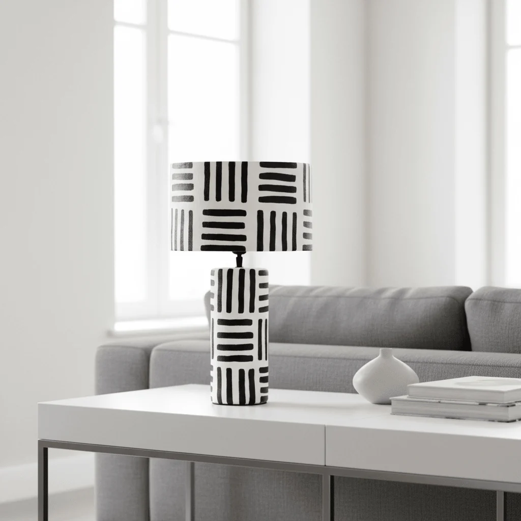 Carta 50cm Black And White Papier Mache Table Lamp with Geometric Lines - Image 6