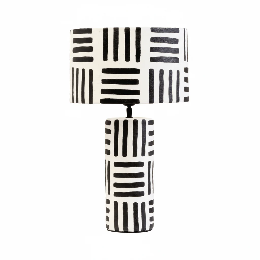 Carta 50cm Black And White Papier Mache Table Lamp with Geometric Lines - Image 7