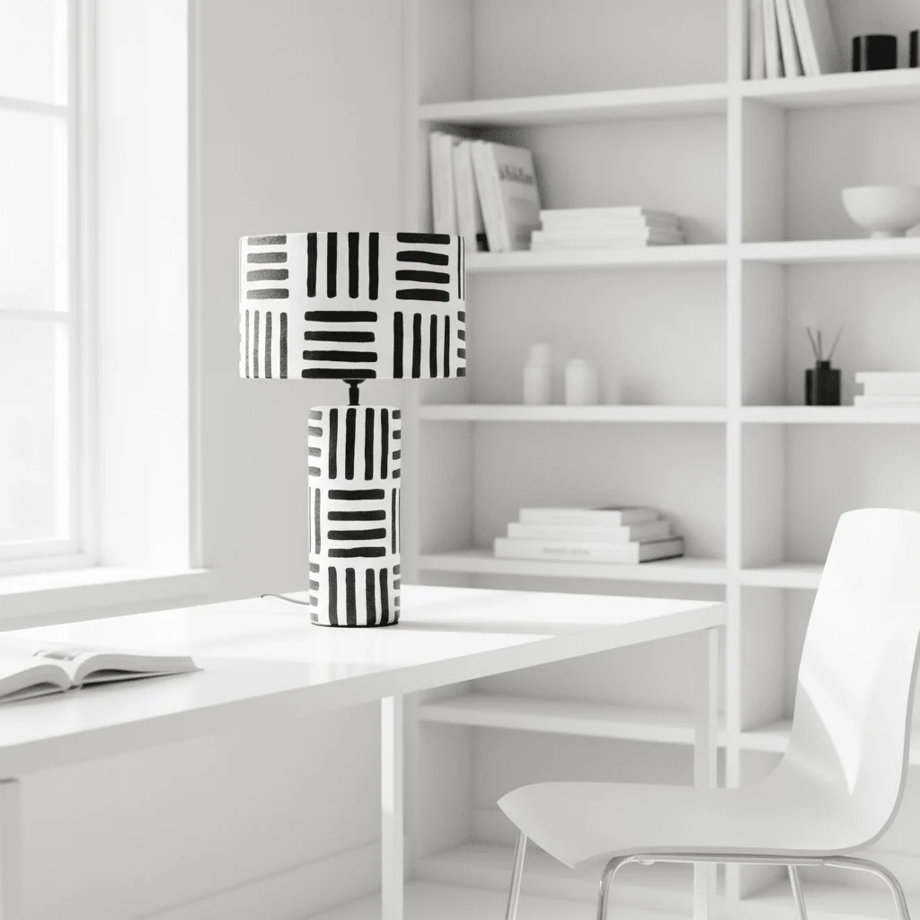 Carta 50cm Black And White Papier Mache Table Lamp with Geometric Lines - Image 9