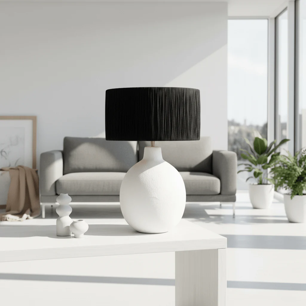 Carta 61cm White Papier Mache Table Lamp With Black Raffia Shade - Image 3