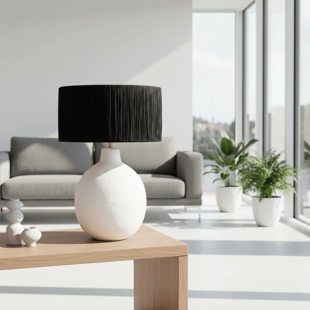 Carta 61cm White Papier Mache Table Lamp With Black Raffia Shade - Image 4