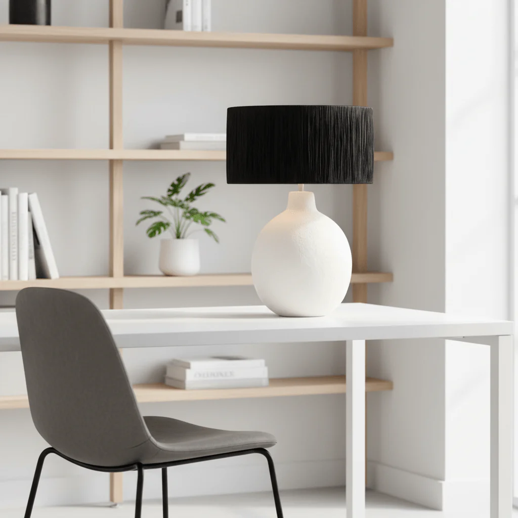 Carta 61cm White Papier Mache Table Lamp With Black Raffia Shade - Image 8