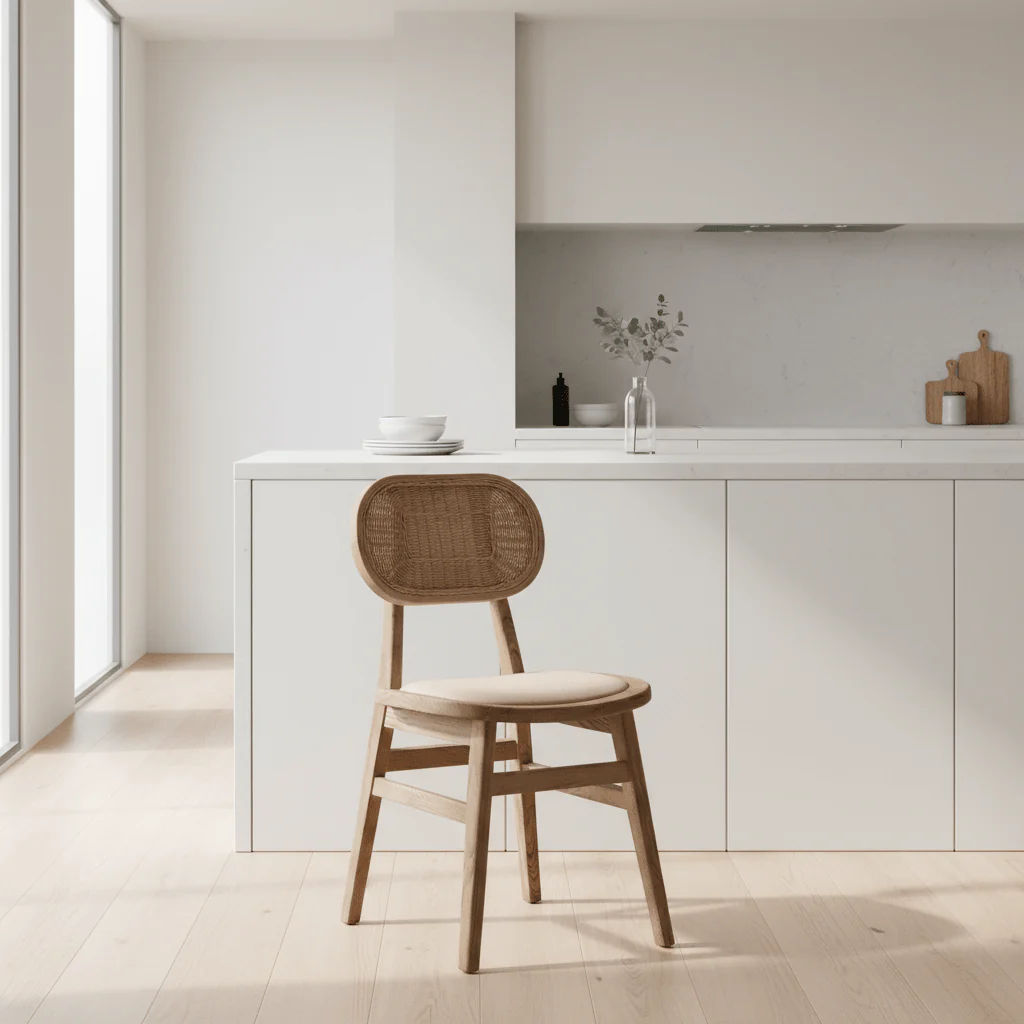 Cebu Beige Fabric and Grey Wash Elm Wood Dining Chair - Image 4