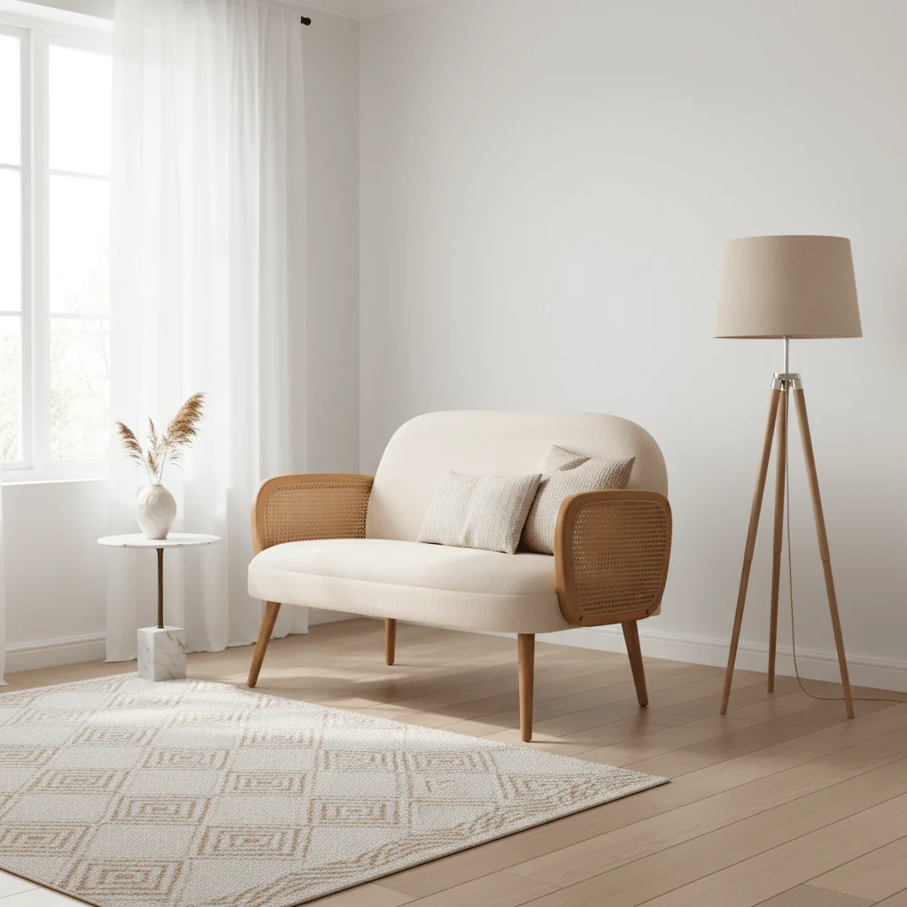 Cebu Ivory Fabric and Cane 2 Seat Sofa with Elm Wood Legs - Image 3