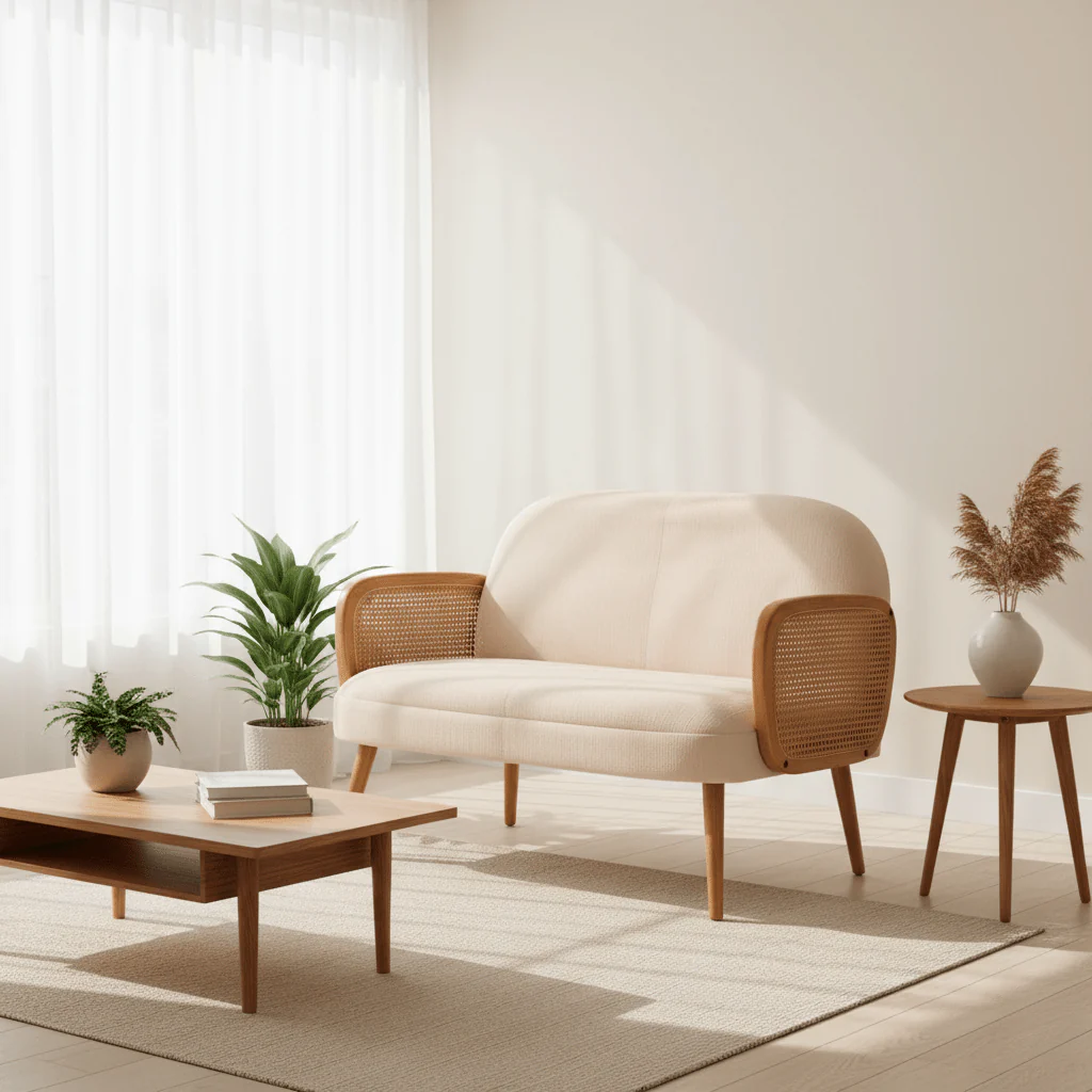 Cebu Ivory Fabric and Cane 2 Seat Sofa with Elm Wood Legs - Image 4