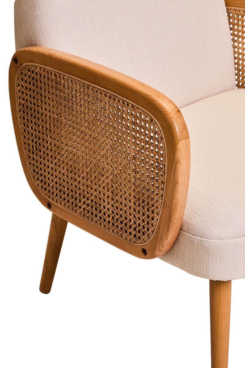 Cebu Ivory Fabric and Cane Chair with Elm Wood Legs - Image 10