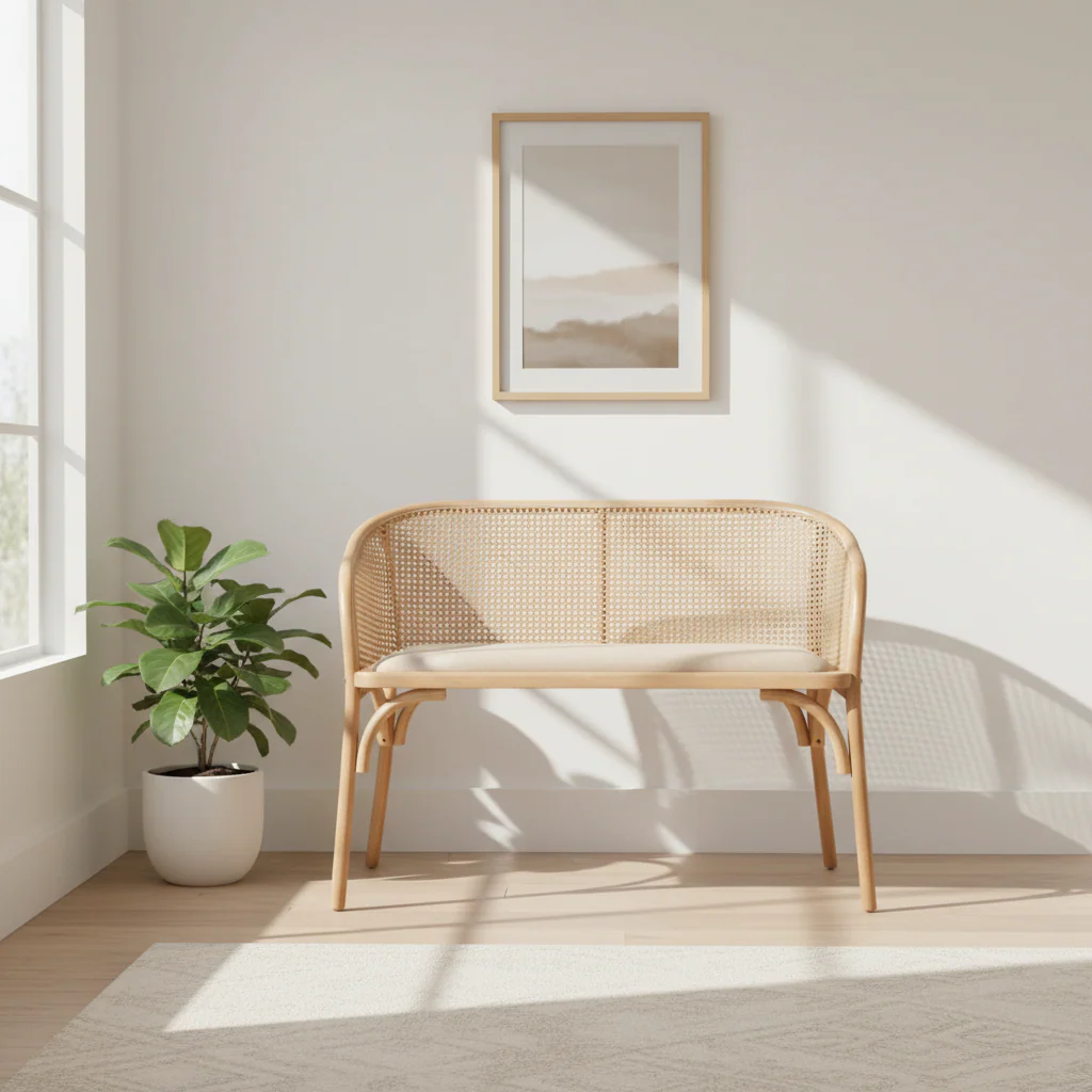 Cebu Natural Cane and Beech Wood Bench with Backrest - Image 8
