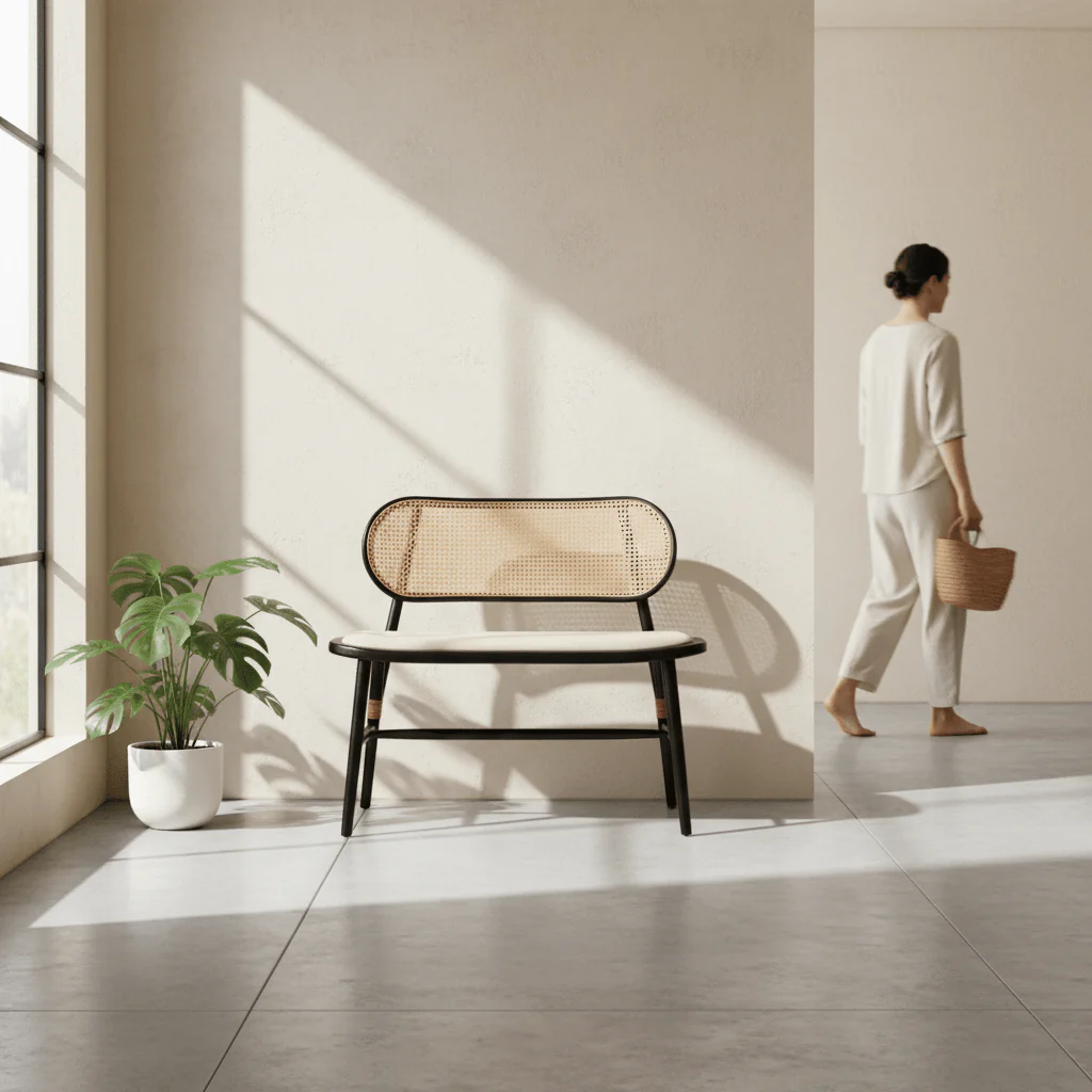 Cebu Natural Cane Bench with Black Elm Wood Frame - Image 2