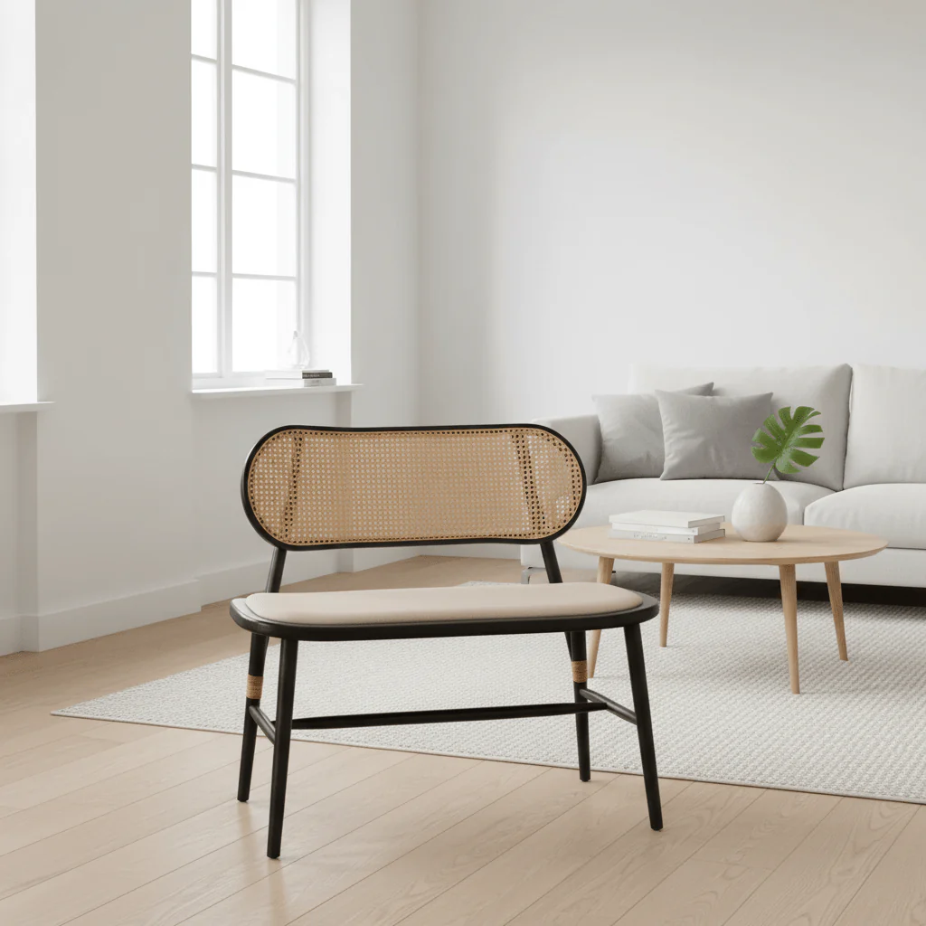 Cebu Natural Cane Bench with Black Elm Wood Frame - Image 3