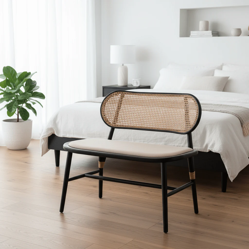 Cebu Natural Cane Bench with Black Elm Wood Frame - Image 4