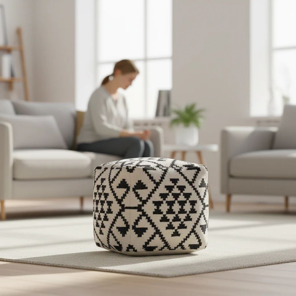 Cefena Square Black and White Patterned Pouffe - Image 2
