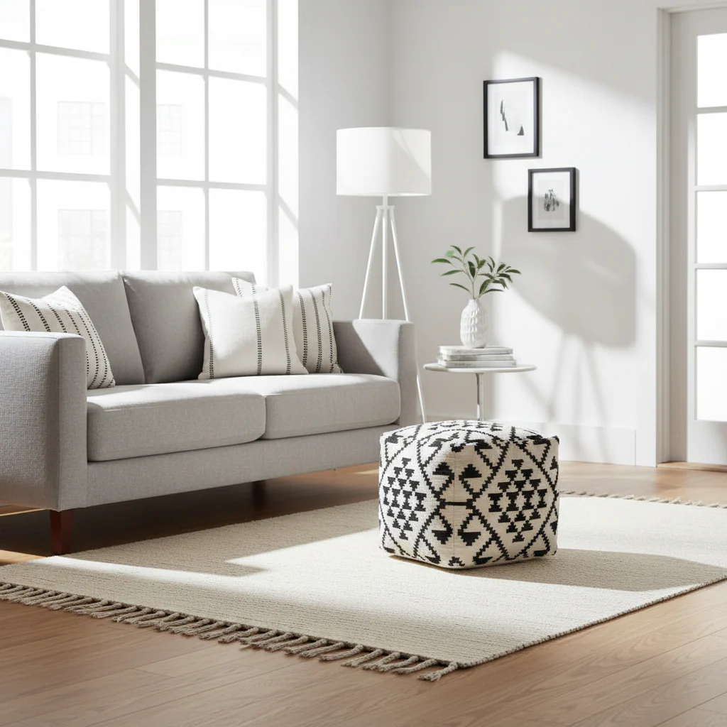 Cefena Square Black and White Patterned Pouffe - Image 3