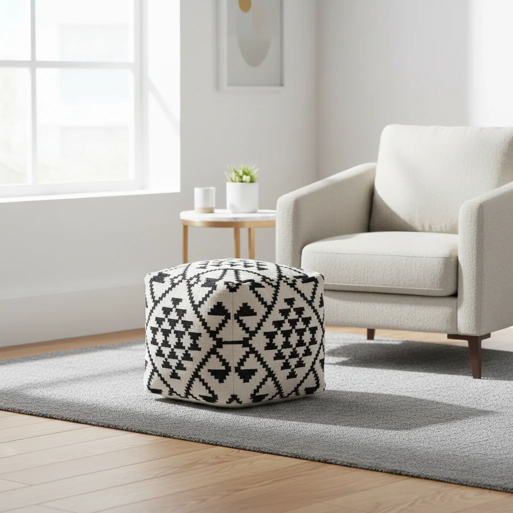 Cefena Square Black and White Patterned Pouffe - Image 4