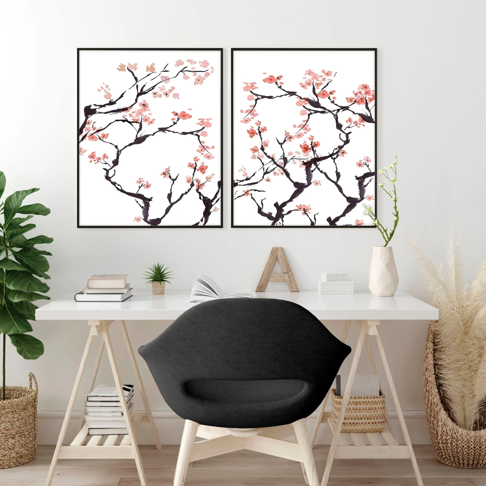 Cherry blossom wall art for home office | Set of 2 wall art prints - Image 2