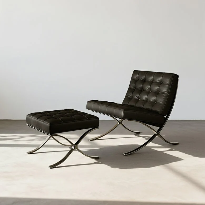 Classic Modern Barcelona Chair And Footstool, Black Leather