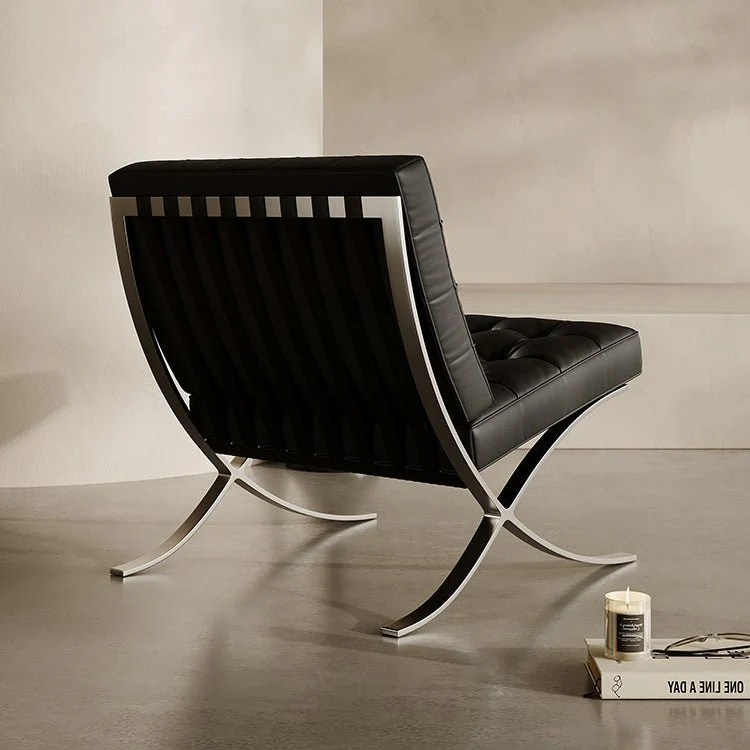 Classic Modern Barcelona Chair And Footstool, Black Leather - Image 4