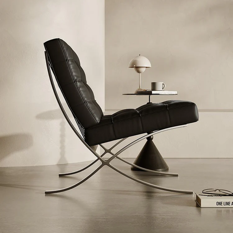 Classic Modern Barcelona Chair And Footstool, Black Leather - Image 5