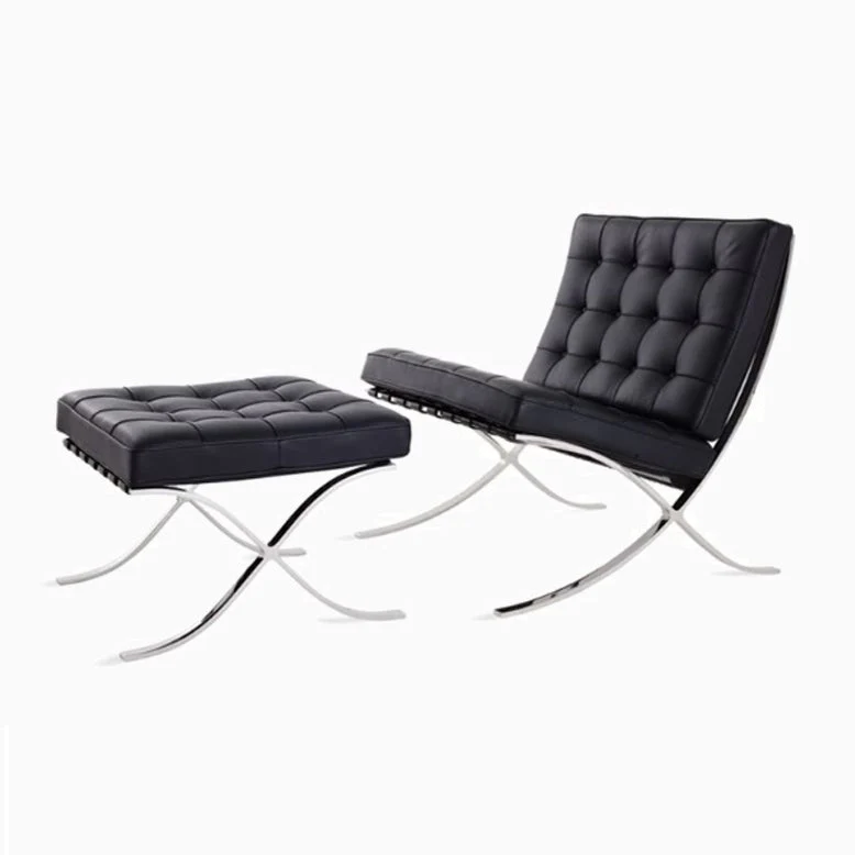 Classic Modern Barcelona Chair And Footstool, Black Leather - Image 6