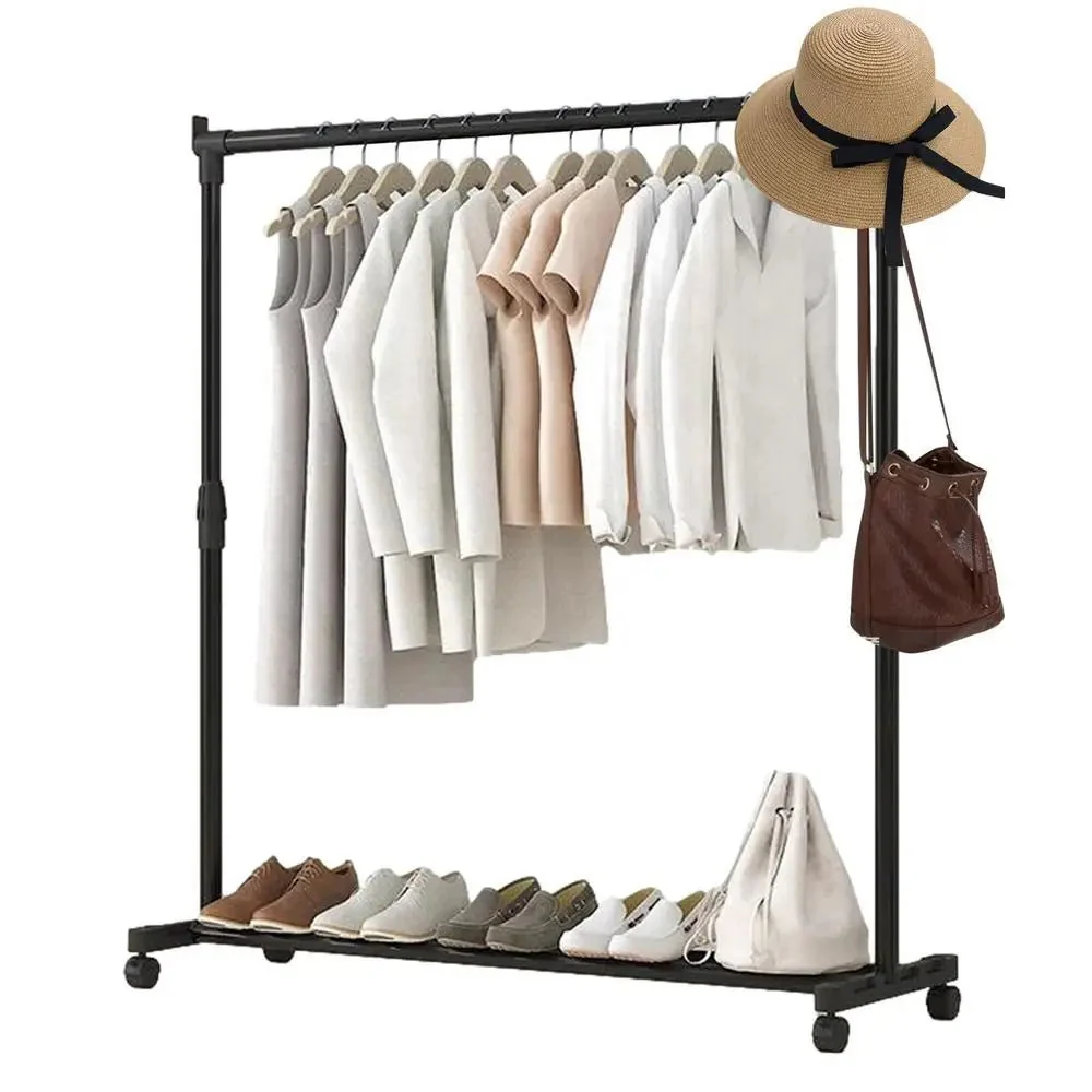 Clothes Rack With Wheels Metal Telescopic Adjustable Laundry Shop Living Room Bedroom Garment Rack Heavy-duty Standing Hanger - Image 14