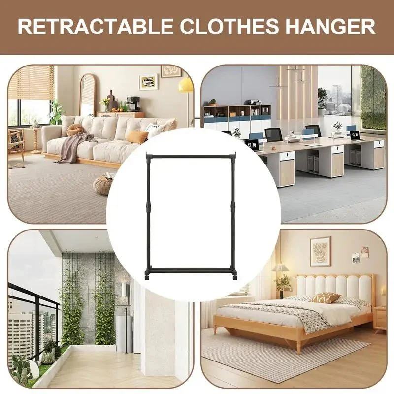 Clothes Rack With Wheels Metal Telescopic Adjustable Laundry Shop Living Room Bedroom Garment Rack Heavy-duty Standing Hanger - Image 4