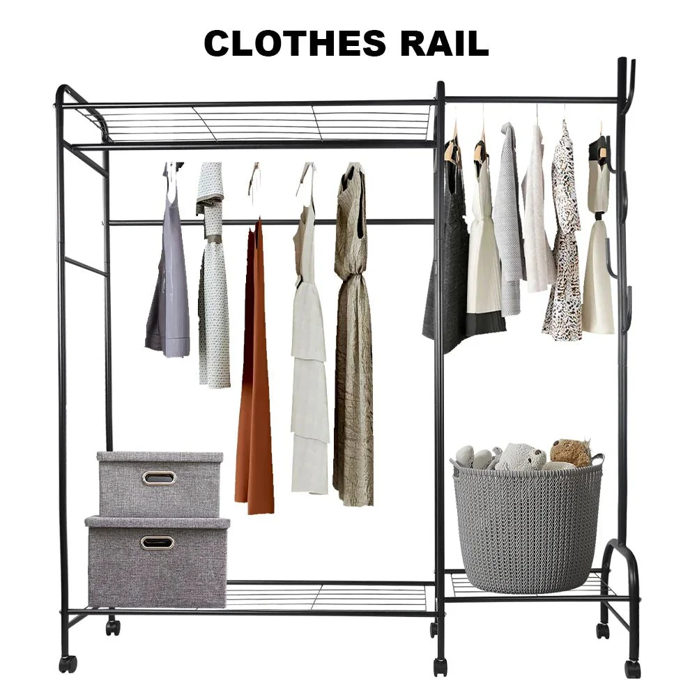 Coat Rack Movable Double Tier - Floor Standing Clothes Rail with Wheels for Bedroom Storage - Image 11