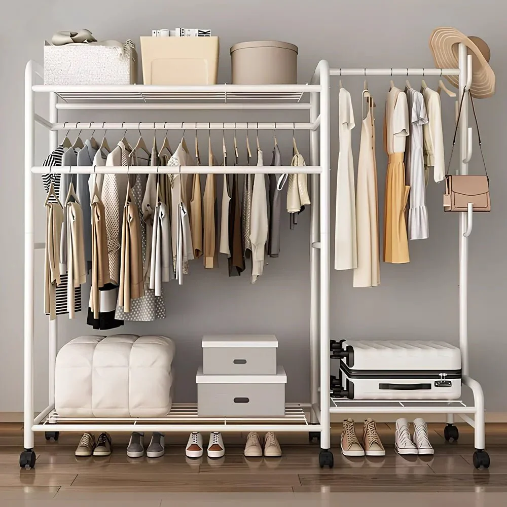 Coat Rack Movable Double Tier - Floor Standing Clothes Rail with Wheels for Bedroom Storage - Image 12