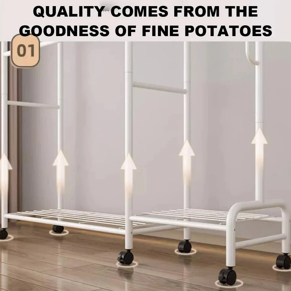 Coat Rack Movable Double Tier - Floor Standing Clothes Rail with Wheels for Bedroom Storage - Image 6