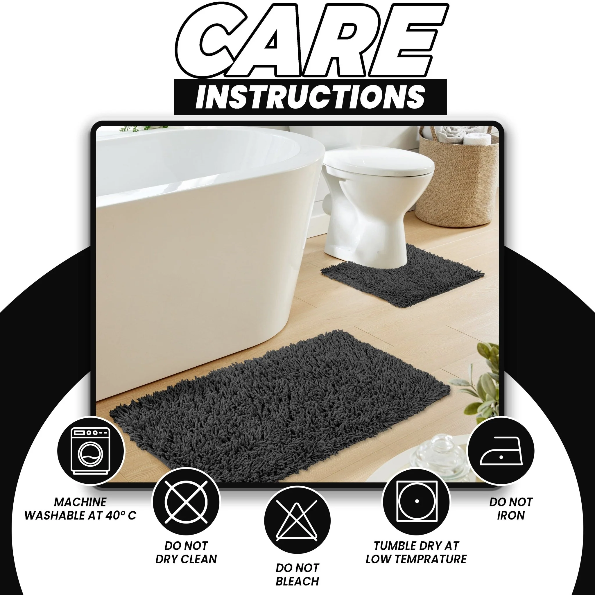 Como 2 Piece Black Bath Mat & Pedestal Set Non-Slip Super Absorbent Cotton Bathroom Mats - Image 5