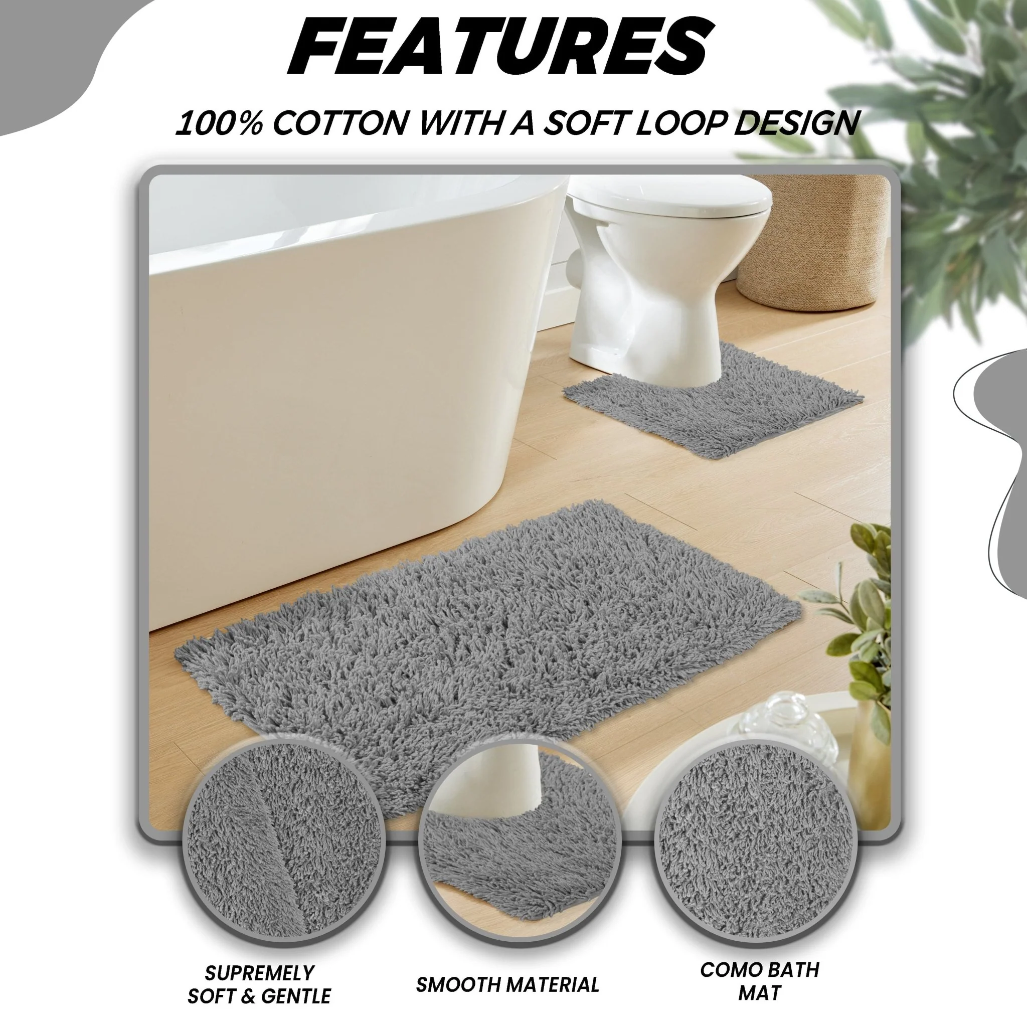 Como 2 Piece Grey Bath Mat & Pedestal Set Non-Slip Super Absorbent Cotton Bathroom Mats - Image 3