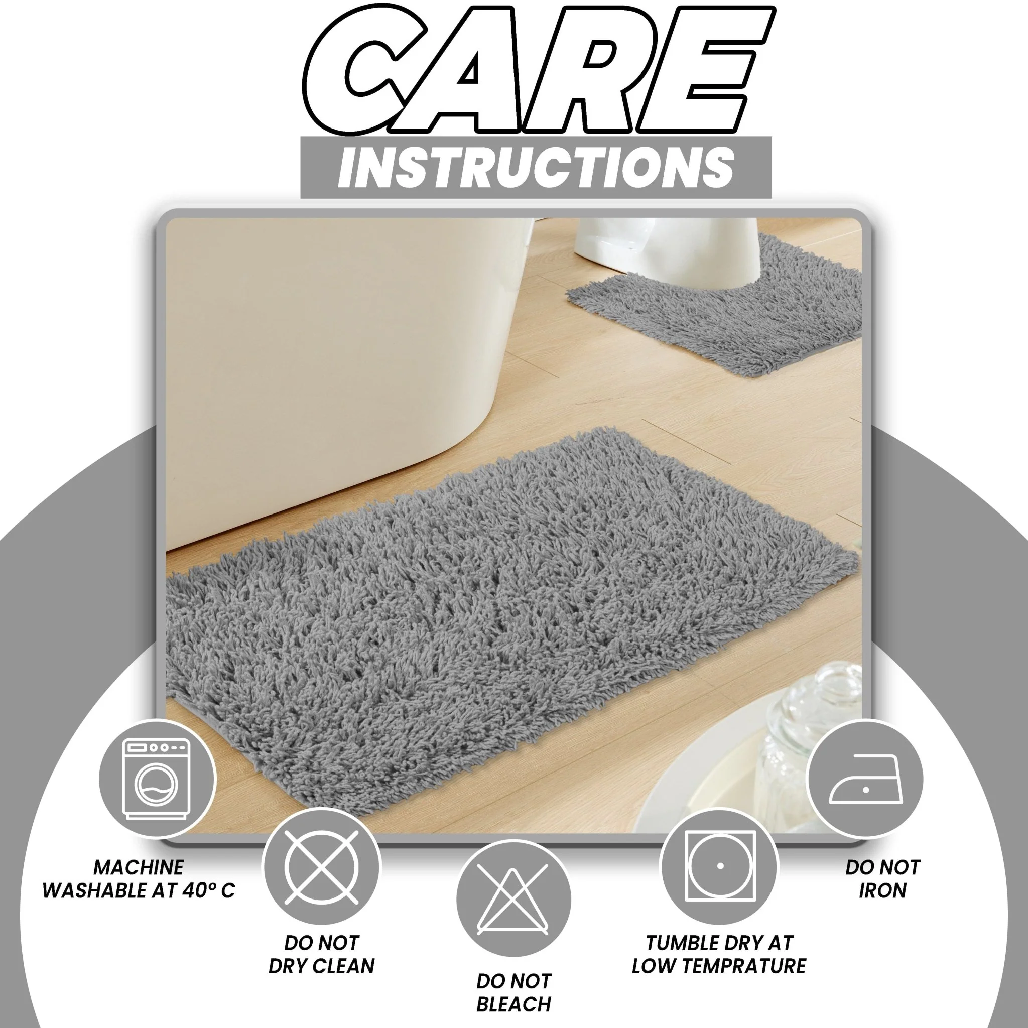 Como 2 Piece Grey Bath Mat & Pedestal Set Non-Slip Super Absorbent Cotton Bathroom Mats - Image 5