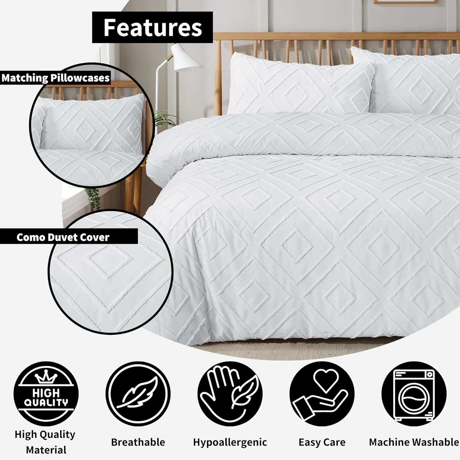 Como Tufted Duvet Cover Set with Pillowcases Grey Natural White Elegant Easy-Care Bedding Single Double King Sizes - Image 4