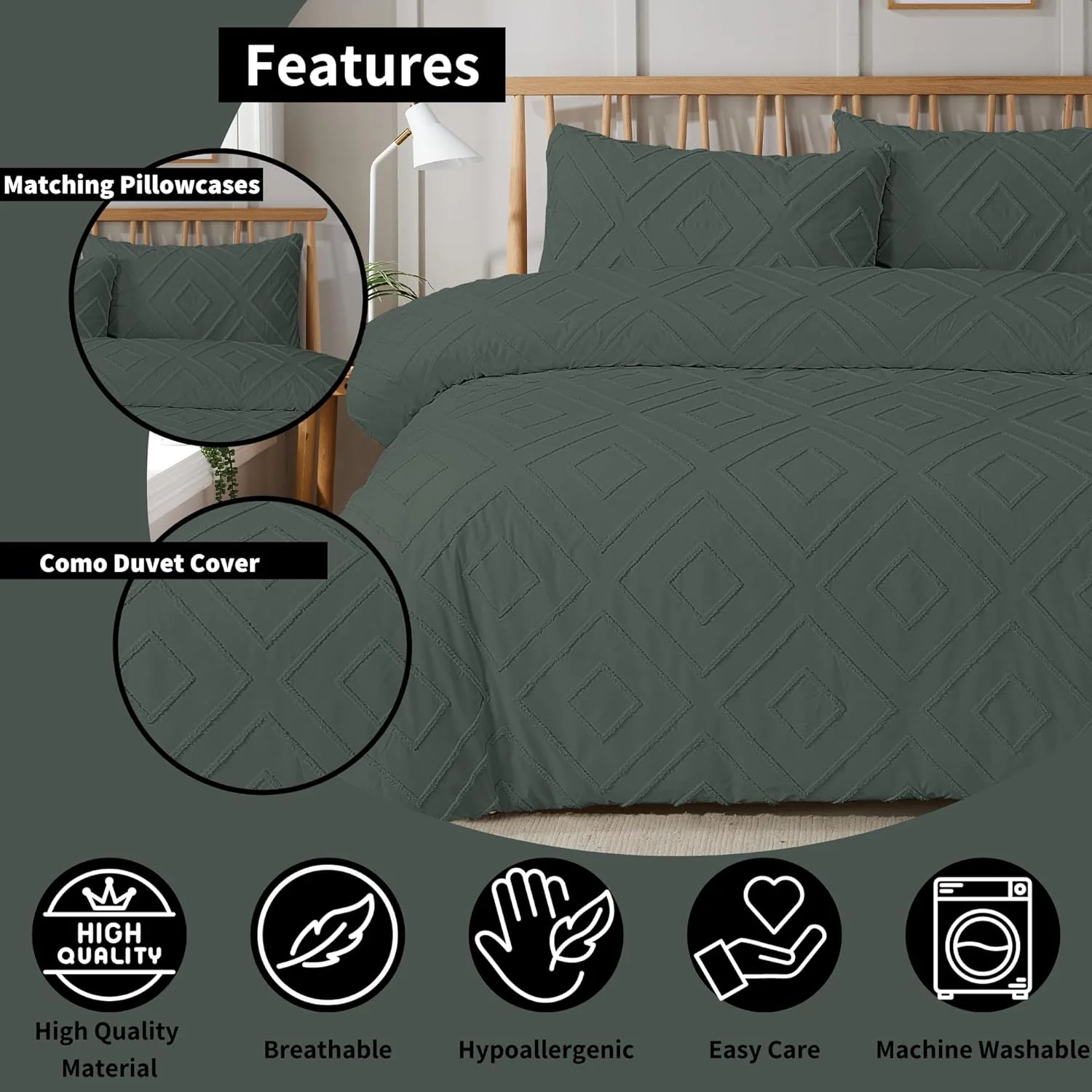 Como Tufted Duvet Cover Set with Pillowcases Grey Natural White Elegant Easy-Care Bedding Single Double King Sizes - Image 9