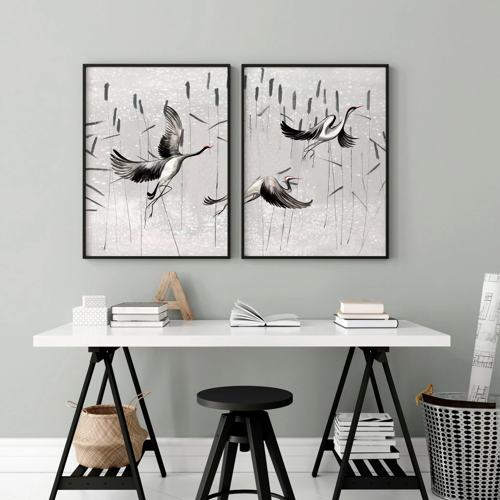 Cranes Japanese Art for home office | Set of 2 wall art prints - Image 2
