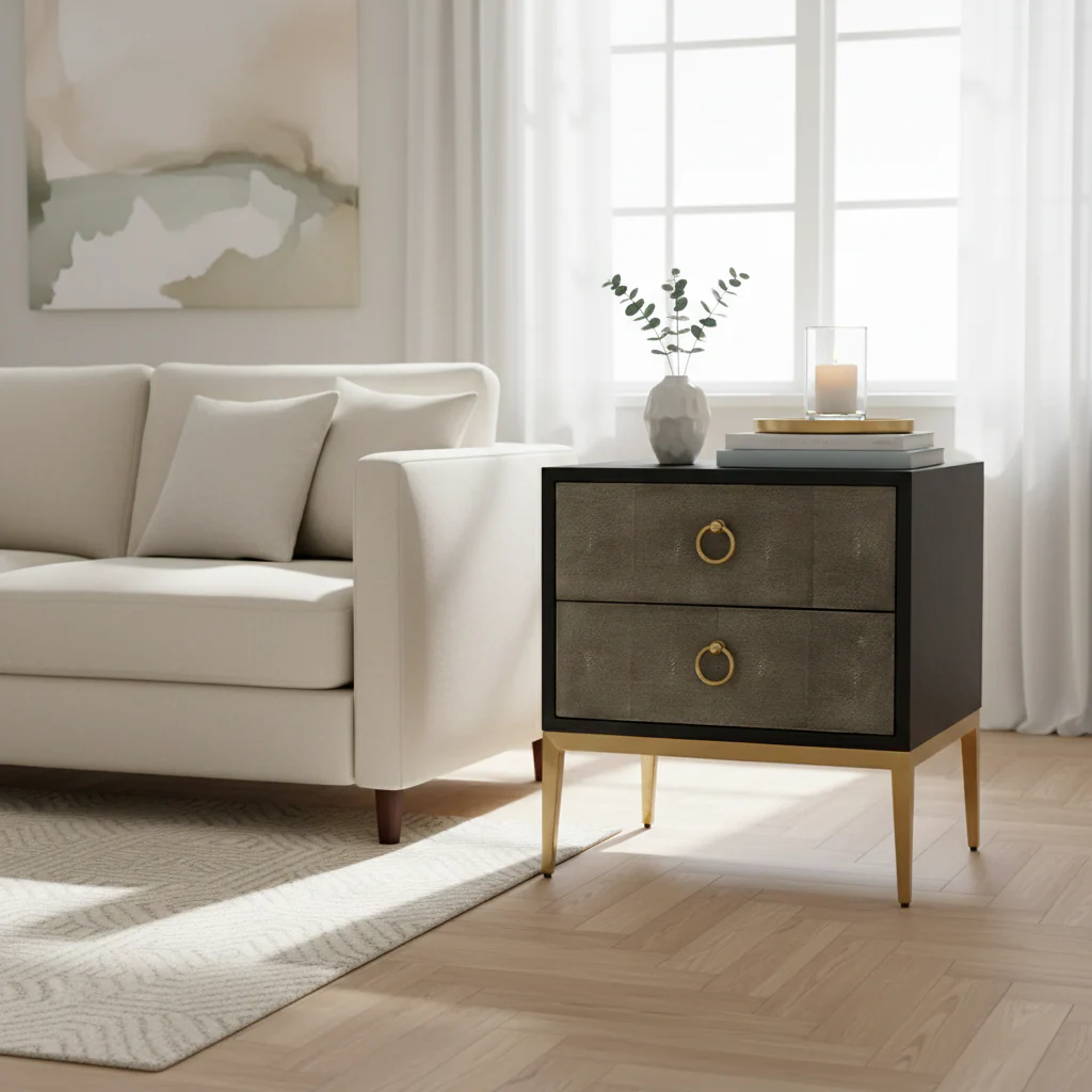 Deruta Two Drawer Grey Shagreen Effect Side Table - Image 3